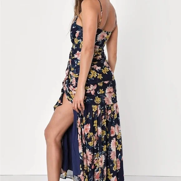 Lulu's Navy Floral Midi Dress with Pink & Yellow Blooms - Picture 2 of 8